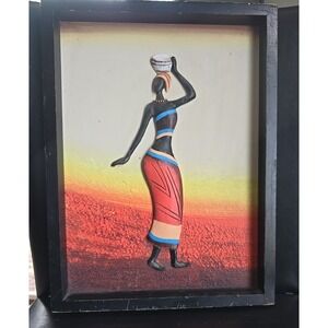 VTG African Africa Woman Raised 3D Wooden Framed Art Work UNIQUE approx 12x16"